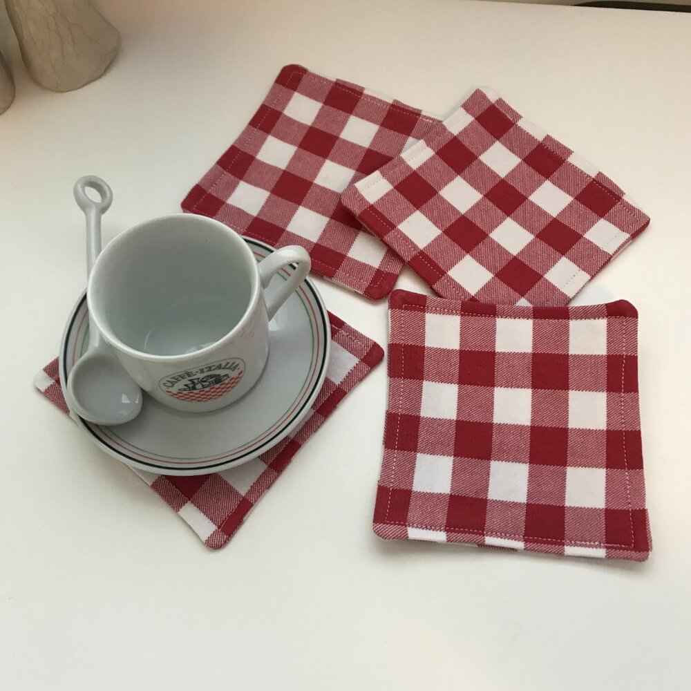 Handmade Red & White Checkered Fabric Coasters Set of 4  Mug Rug, Drink Coasters